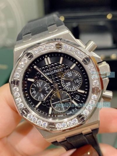 Replica Audemars Piguet Royal Oak Chronograph Watch Black Dial Diamond Bezel For Lady